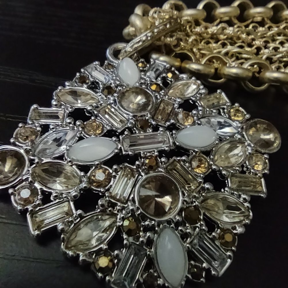 Chico's Signed Gold Tone Jeweled Pendent and Multi Chain Necklace